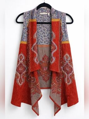 Soft Surroundings Red & Gray Paisley Open-Front Vest